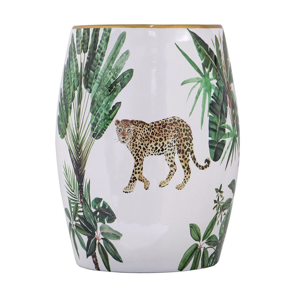 18 Inch Ceramic Accent Table, Drum Shape, Tropical Print, White, Green - View 2