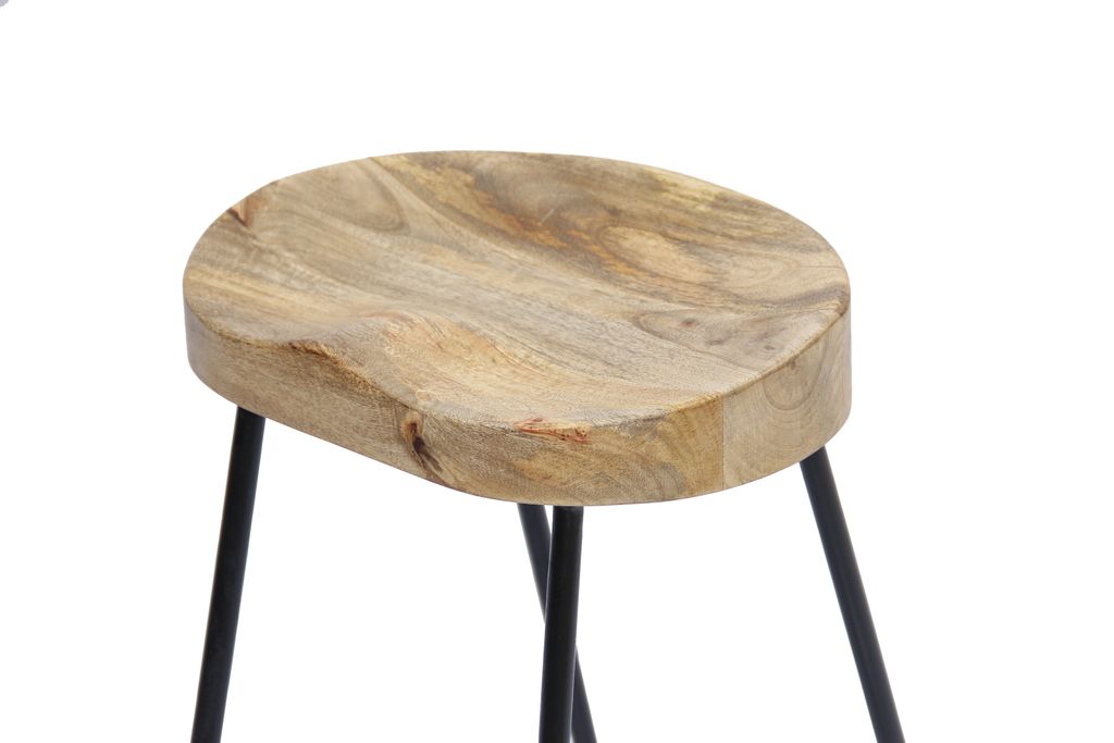 Ela 30 Inch Mango Wood Bar Stool, Saddle Seat, Iron Frame, Brown and Black - View 3
