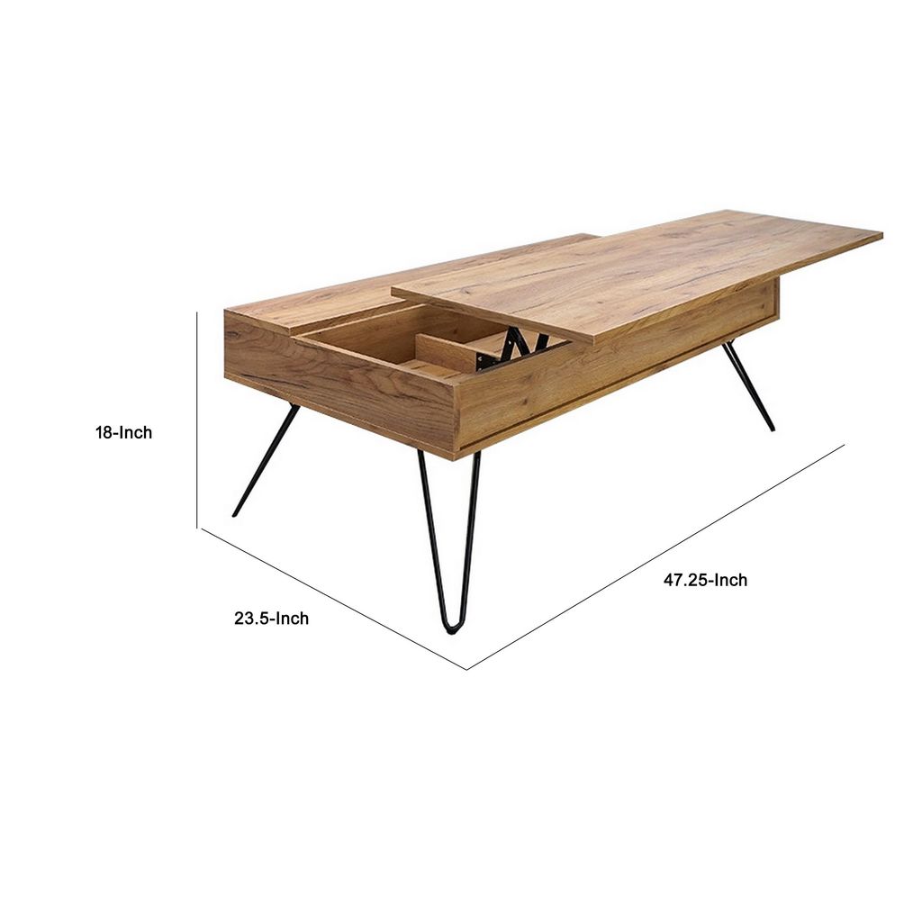 47 Inch Lift Top Coffee Table, Natural Brown Wood, 2 Storage Compartments - View 5