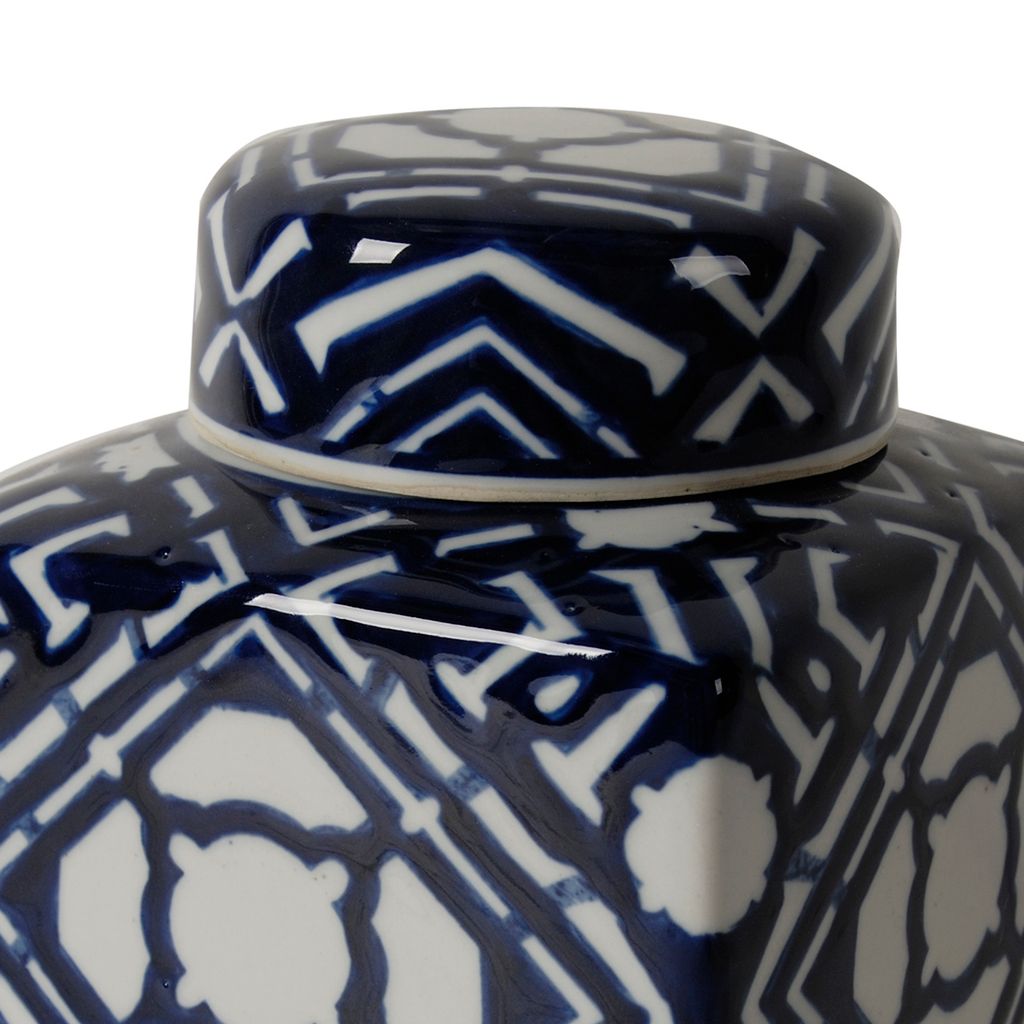 10 Inch Lidded Jar, Porcelain Construction, Deep Blue Graphic Trellis - View 3