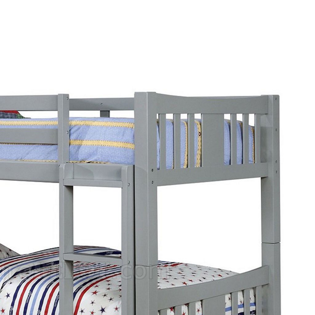 Slatted Twin Over Twin Bunk Bed with Attached Ladder, Gray - View 2