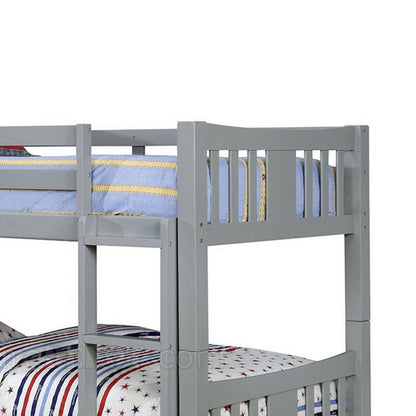 Slatted Twin Over Twin Bunk Bed with Attached Ladder, Gray - View 2