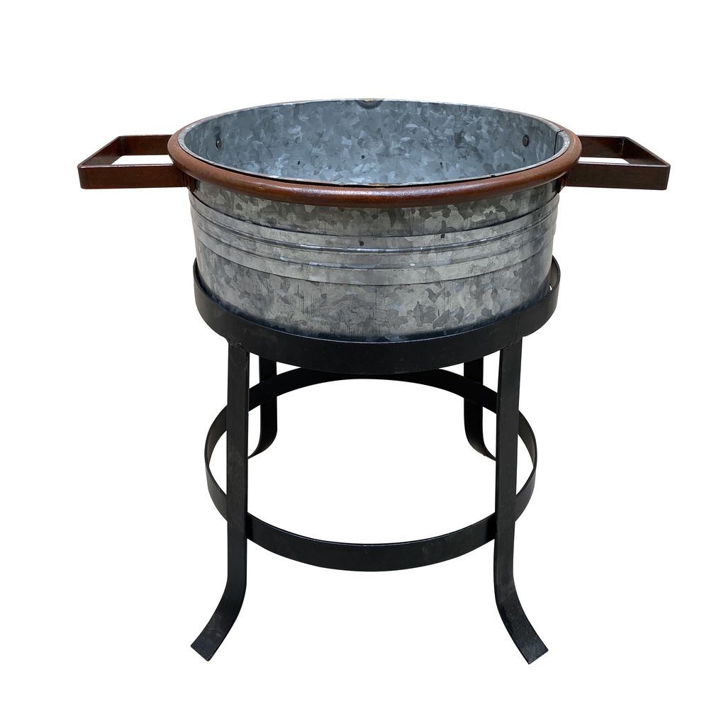 21, 18, and 16 Inch 3 Piece Round Tub Metal Planter Set with Stand in Galvanized Gray and Black Iron - View 6