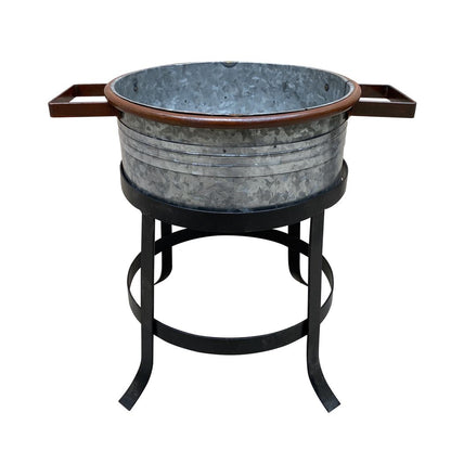 21, 18, and 16 Inch 3 Piece Round Tub Metal Planter Set with Stand in Galvanized Gray and Black Iron - View 6