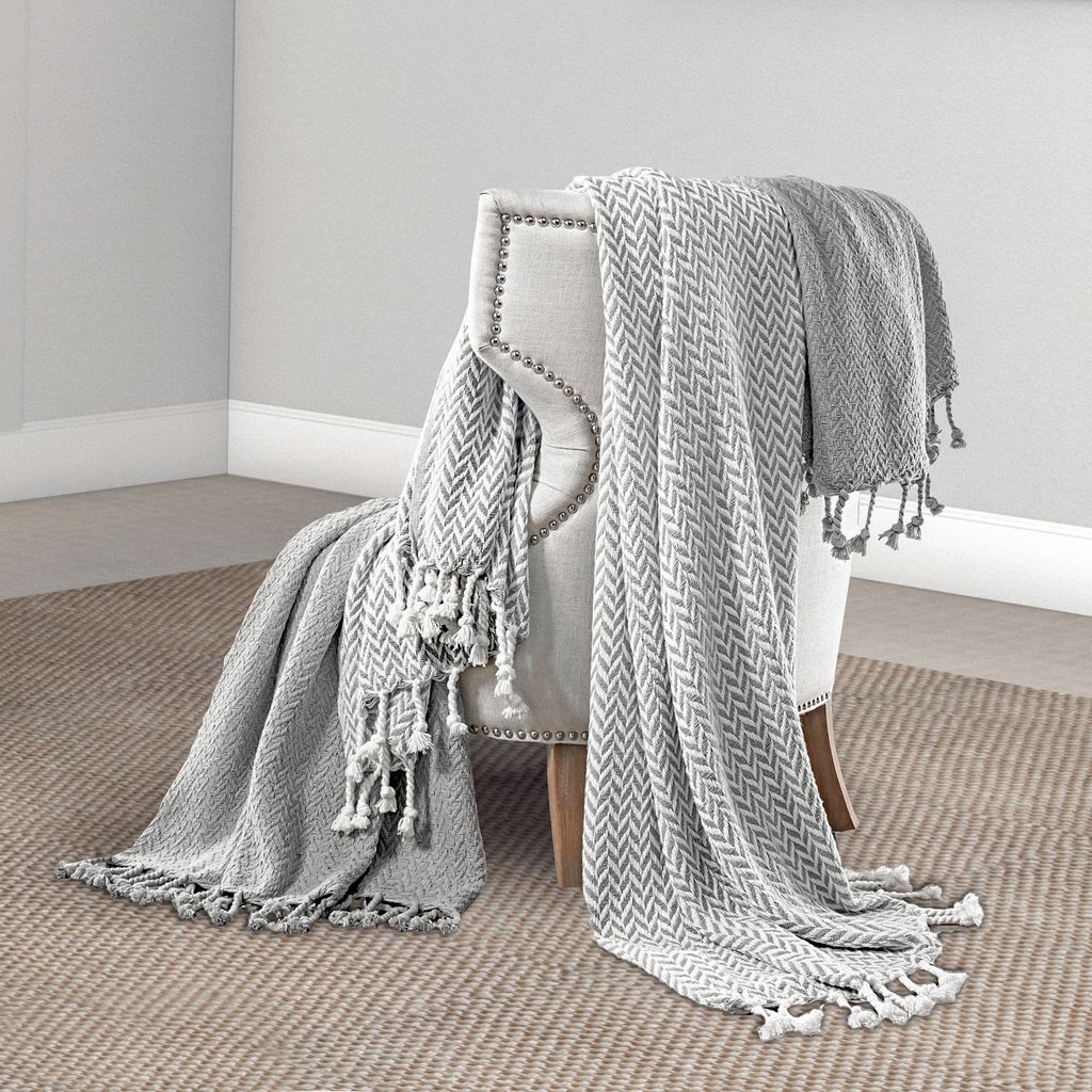 Calabria Herringbone Cotton Throw The Urban Port, Set of 2, Gray and White - View 6