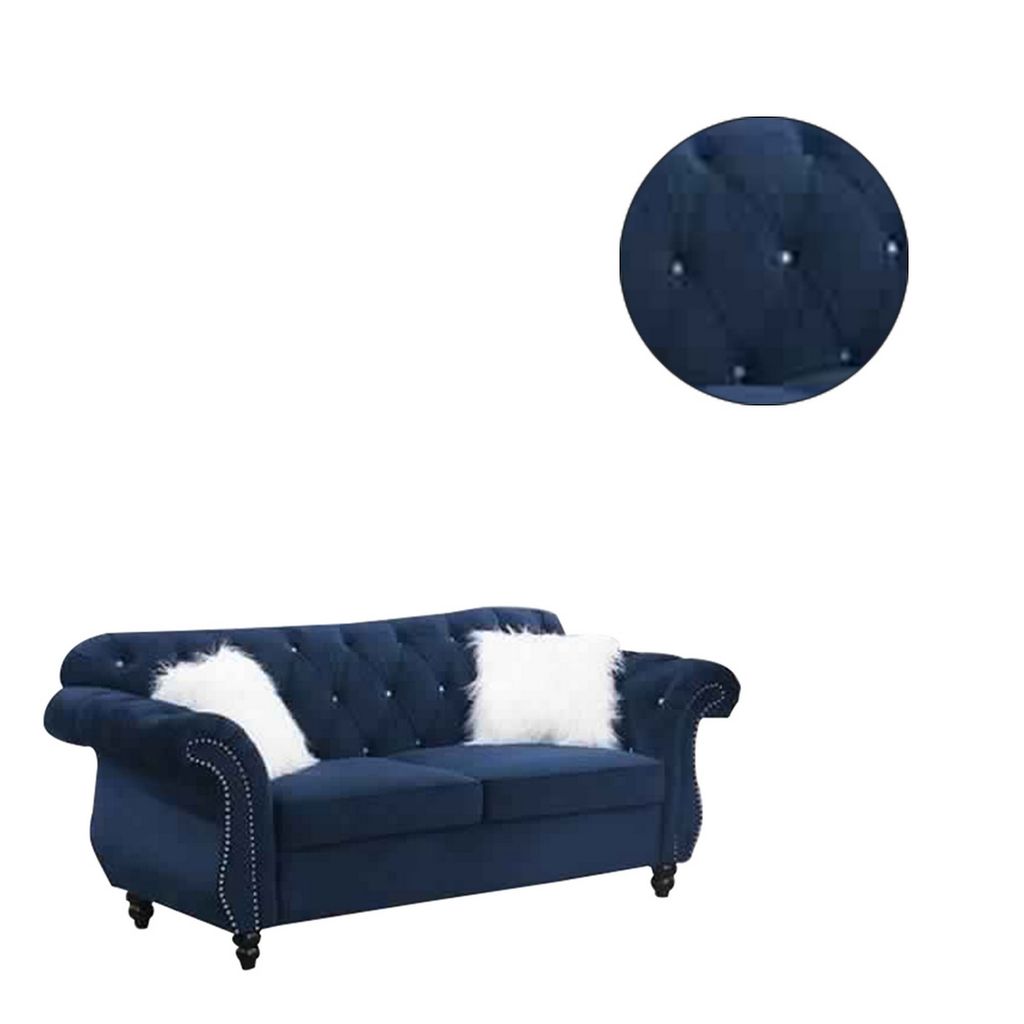 77 Inches Nailhead Trim Velvet Loveseat with Crystal Tufting, Blue - View 4