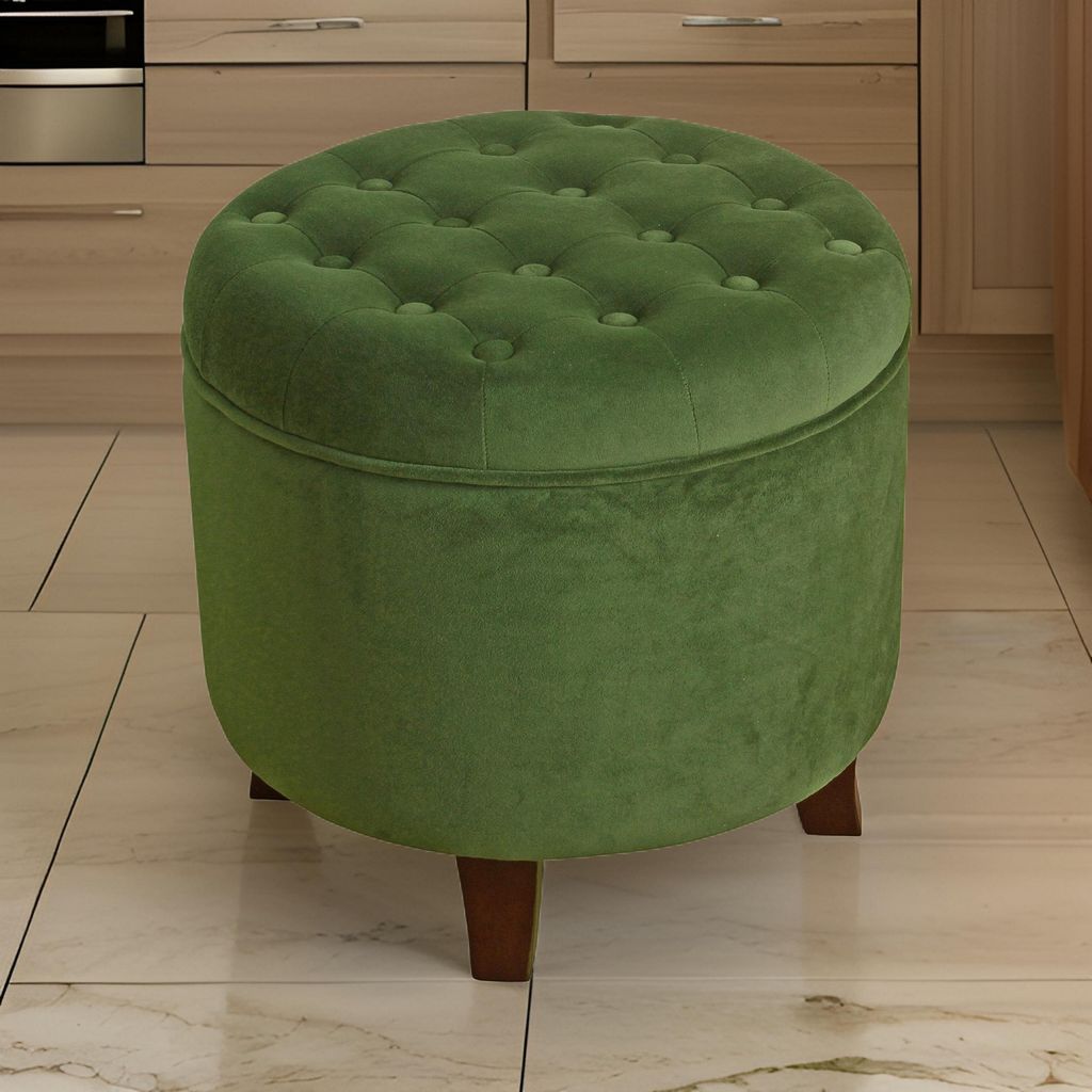 Button Tufted Velvet Upholstered Wooden Ottoman with Hidden Storage, Green and Brown - View 7