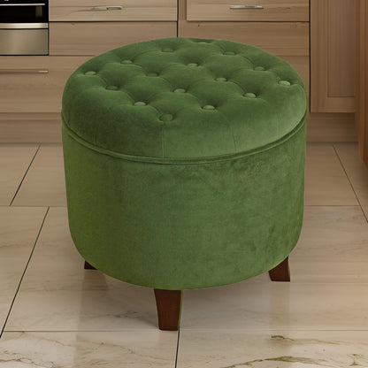 Button Tufted Velvet Upholstered Wooden Ottoman with Hidden Storage, Green and Brown - View 7