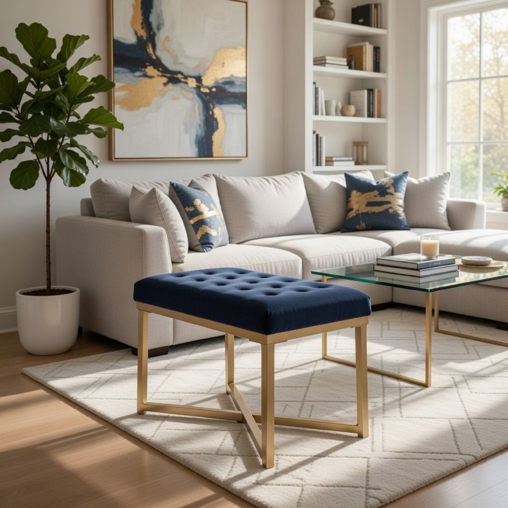 Metal Framed Bench with Button Tufted Velvet Upholstered Seat, Dark Blue and Gold - View 7