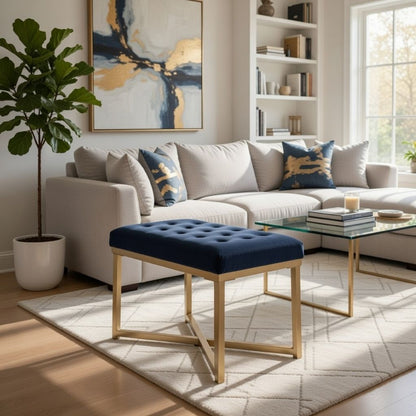 Metal Framed Bench with Button Tufted Velvet Upholstered Seat, Dark Blue and Gold - View 7