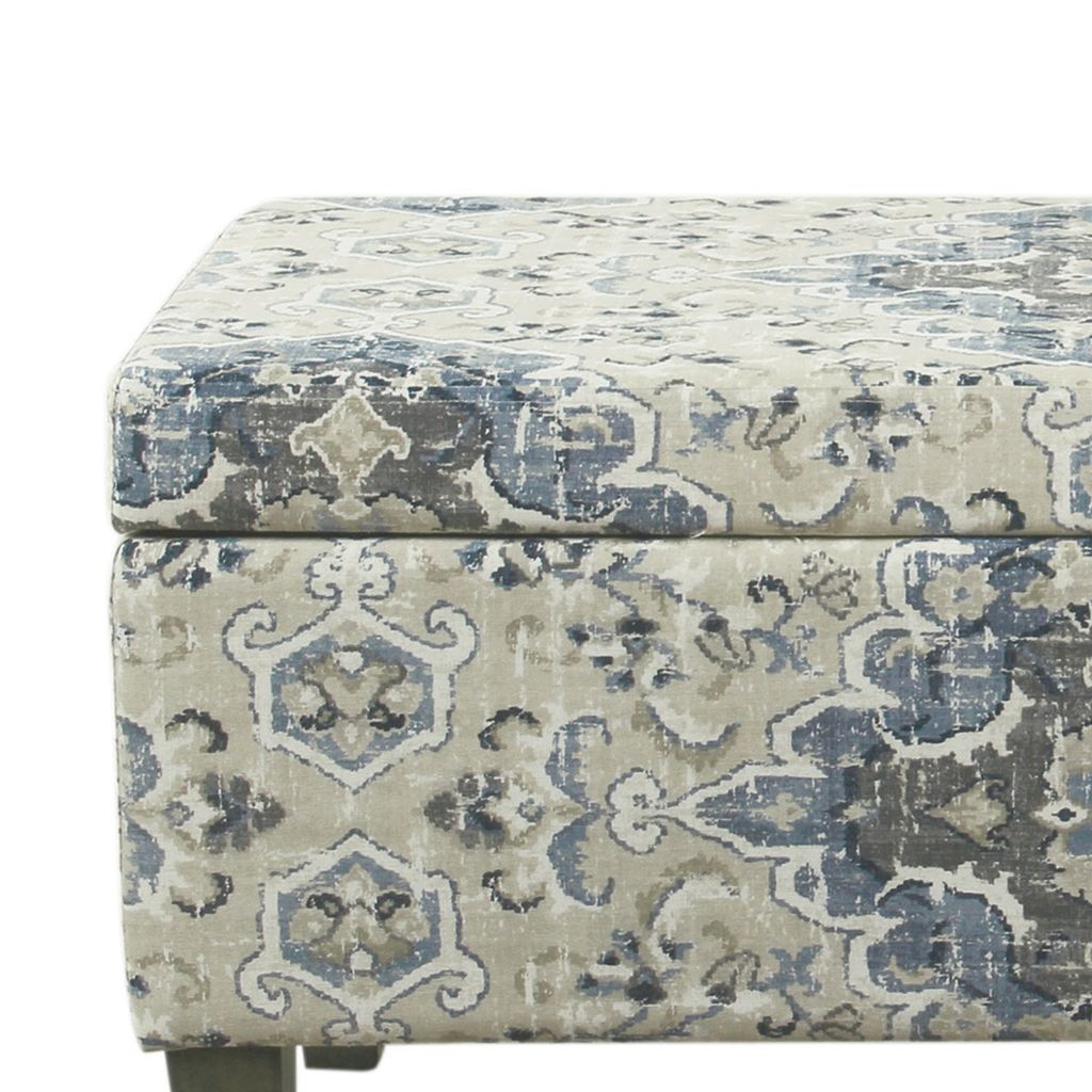 Medallion Print Fabric Upholstered Wooden Bench With Hinged Storage, Large, Blue and Cream - View 2