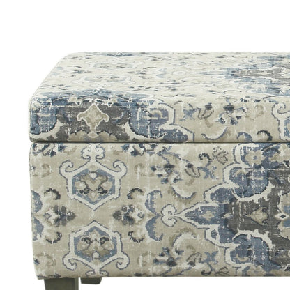 Medallion Print Fabric Upholstered Wooden Bench With Hinged Storage, Large, Blue and Cream - View 2