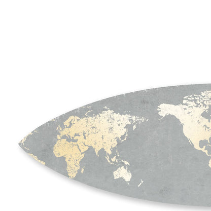 Wooden Surfboard Wall Art with World Map Print, Gray and White - View 2