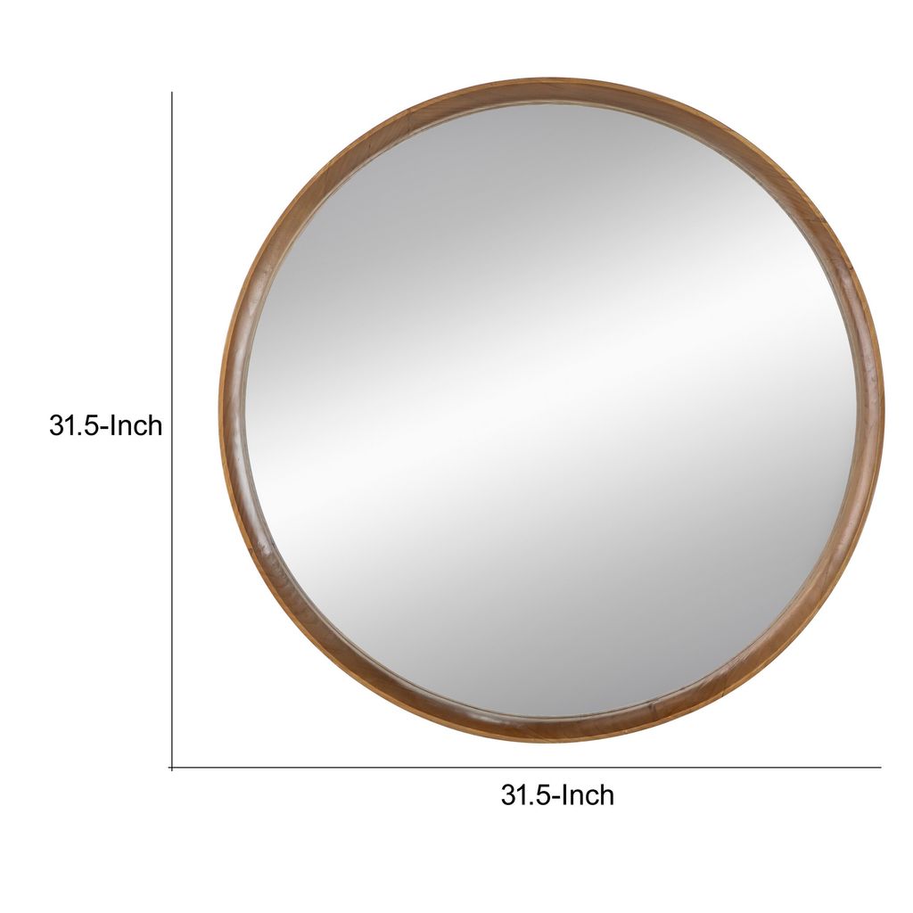 Roe 32 Inch Wall Mounted Round Mirror, Modern Brown Pine Wood Frame - View 5