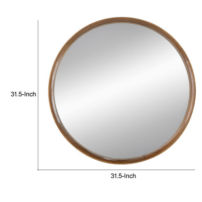 Roe 32 Inch Wall Mounted Round Mirror, Modern Brown Pine Wood Frame - View 5