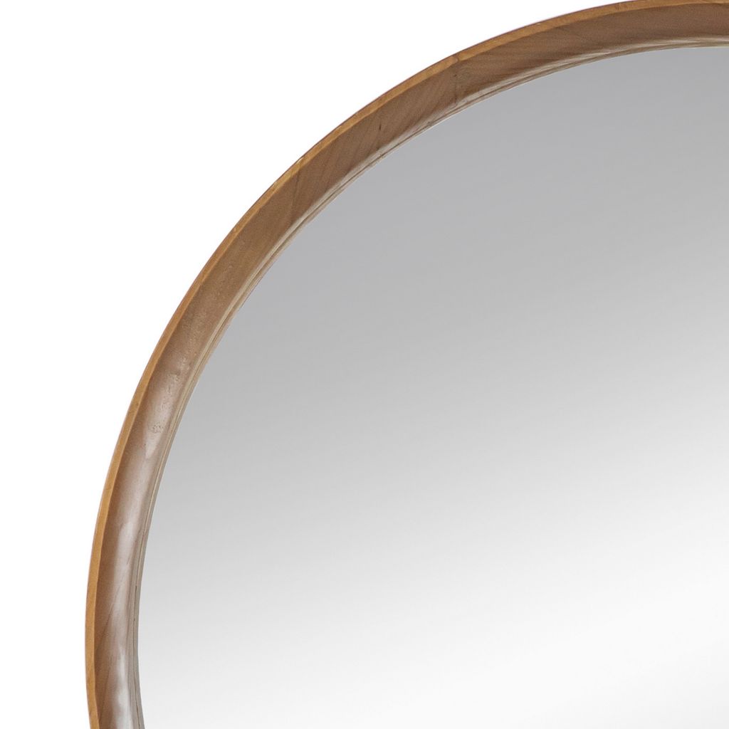 Roe 32 Inch Wall Mounted Round Mirror, Modern Brown Pine Wood Frame - View 2