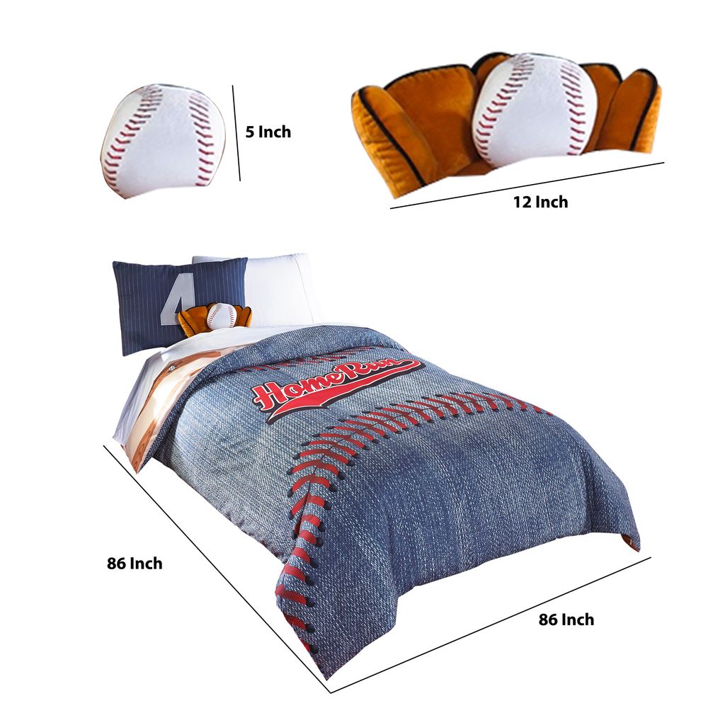 6 Piece Polyester Full Comforter Set with Baseball Inspired Print, Blue - View 5