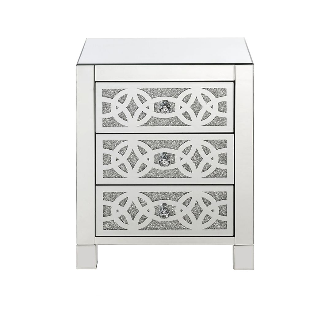 Accent Table with 3 Drawers and Faux Diamond Inlays, Silver - View 3