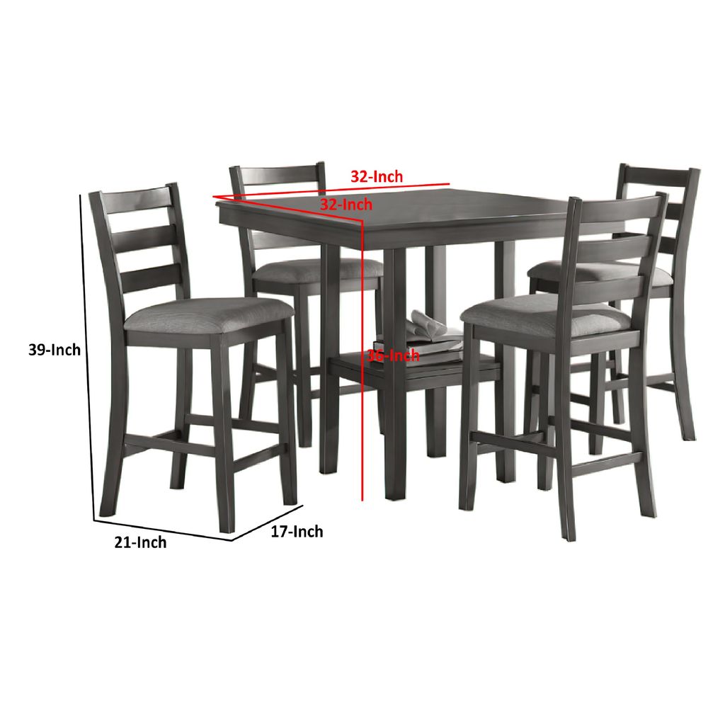 5 Piece Counter Height Dining Set, Table and 4 Chairs, Padded Seats, Gray - View 5