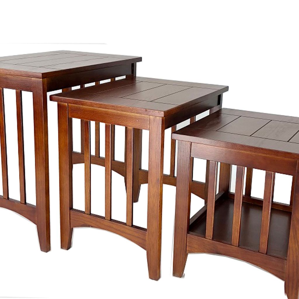 3 Piece Nesting Table with Plank Tabletop and Slatted Sides, Oak Brown - View 3