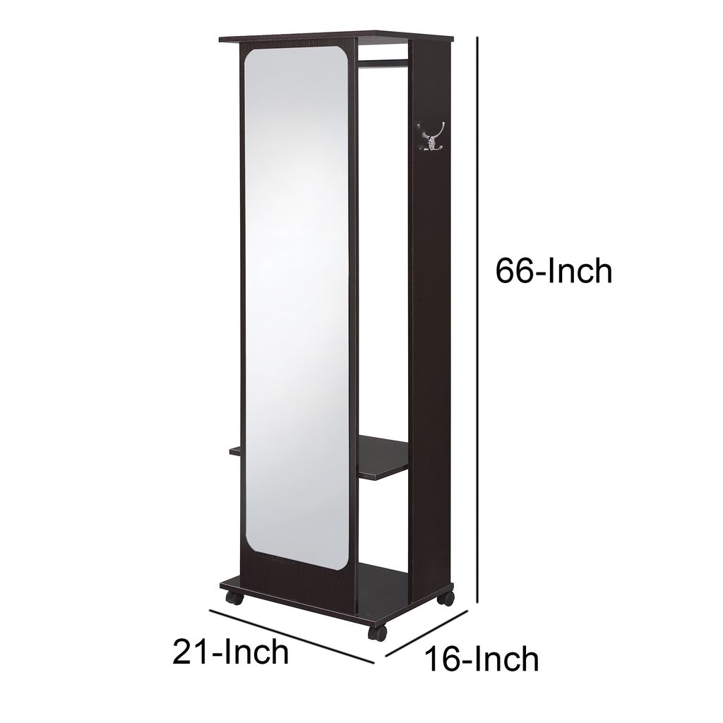Mirror and Wood Hall Tree with Hanging Rod and Casters, Brown and Silver - View 5
