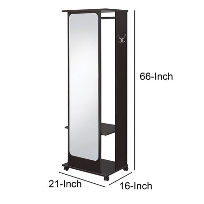 Mirror and Wood Hall Tree with Hanging Rod and Casters, Brown and Silver - View 5