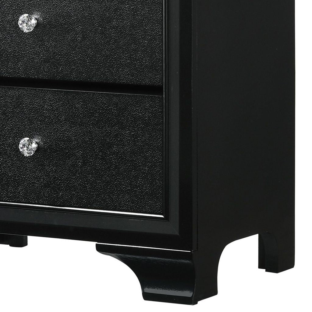 2 Drawer Wooden Nightstand with Textured Details and Crystal Pulls, Black - View 2