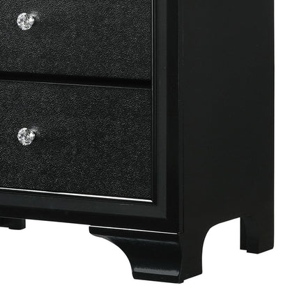 2 Drawer Wooden Nightstand with Textured Details and Crystal Pulls, Black - View 2