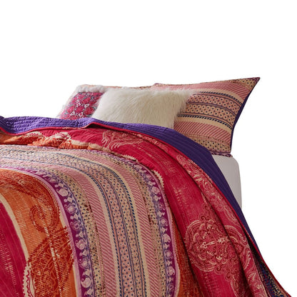 Dora 3 Piece Bohemian Full Quilt Set, Medallion, Paisley, Pink, Blue - View 3