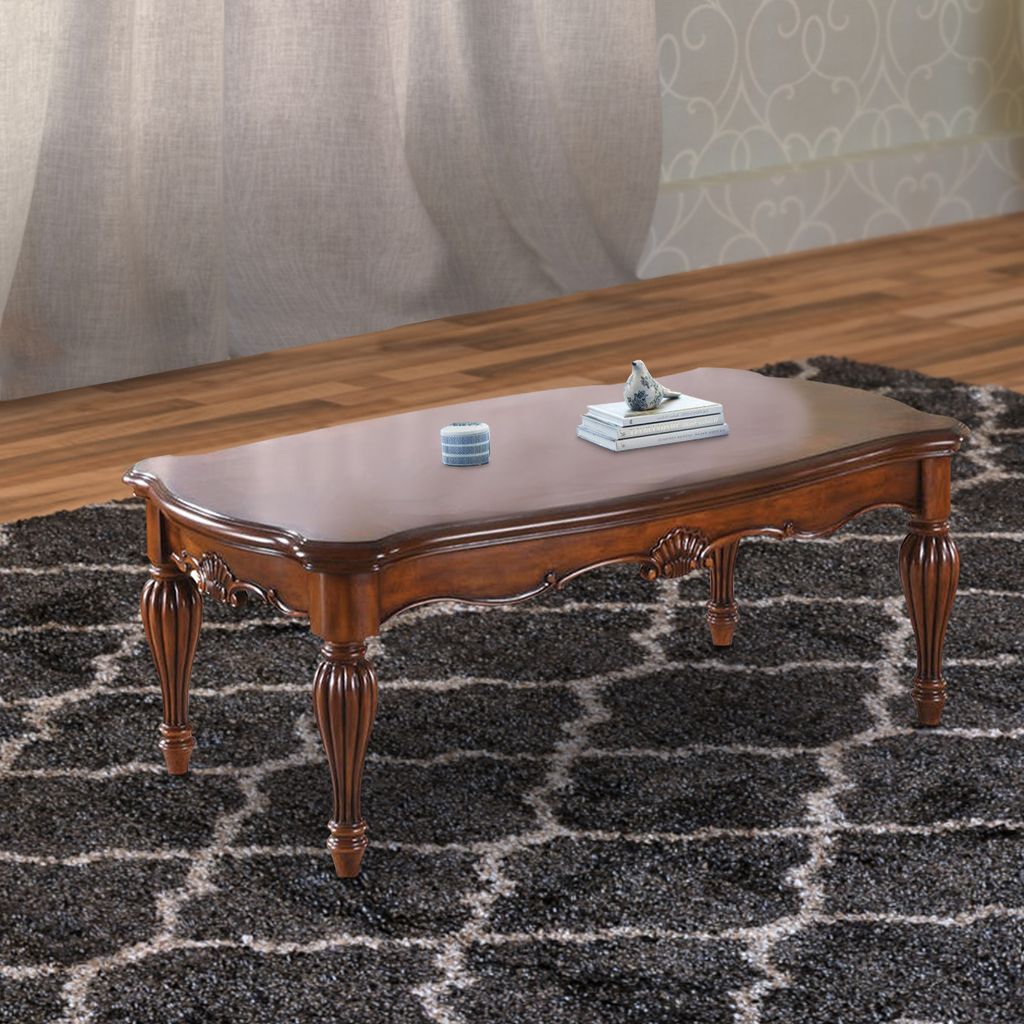Vintage Rectangular Wooden Coffee Table with Fluted Legs, Cherry Brown - View 7