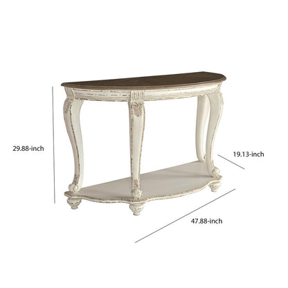 Crescent Moon Wooden Sofa Table with Engraved Details, Brown and White - View 5