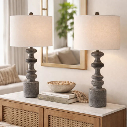 31 Inch Accent Table Lamp, Resin Turned Base, Set of 2, Beige, Gray - View 7