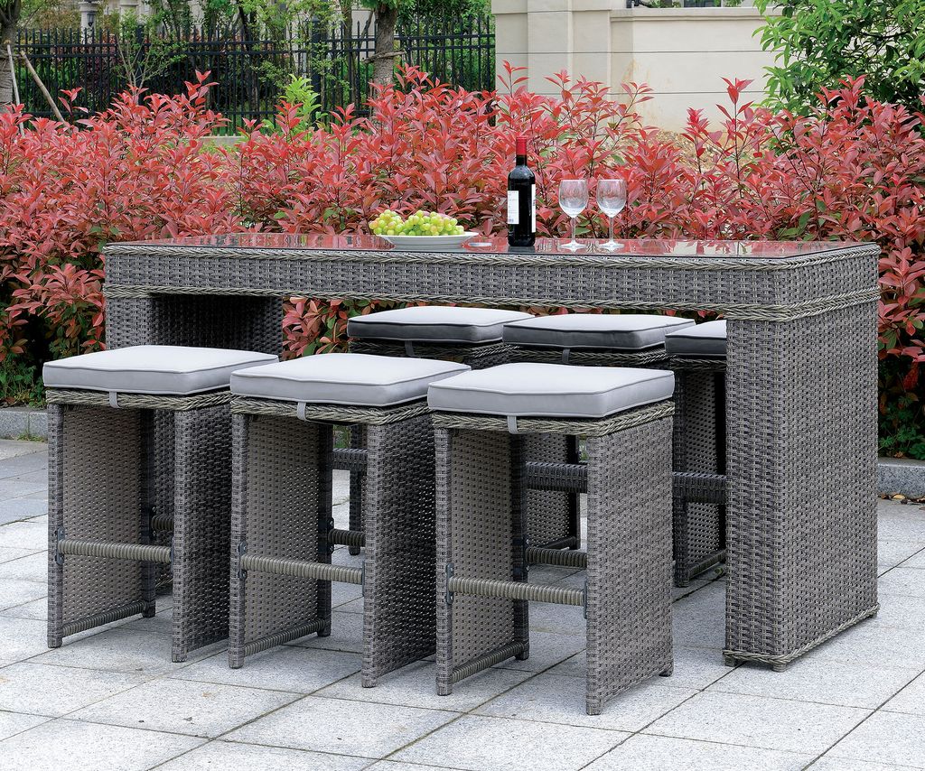 6 Piece Patio Bar Stool In Aluminum Wicker Frame And Padded Fabric Seat, Gray - View 2