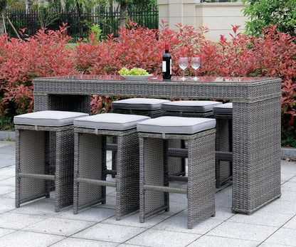 6 Piece Patio Bar Stool In Aluminum Wicker Frame And Padded Fabric Seat, Gray - View 2
