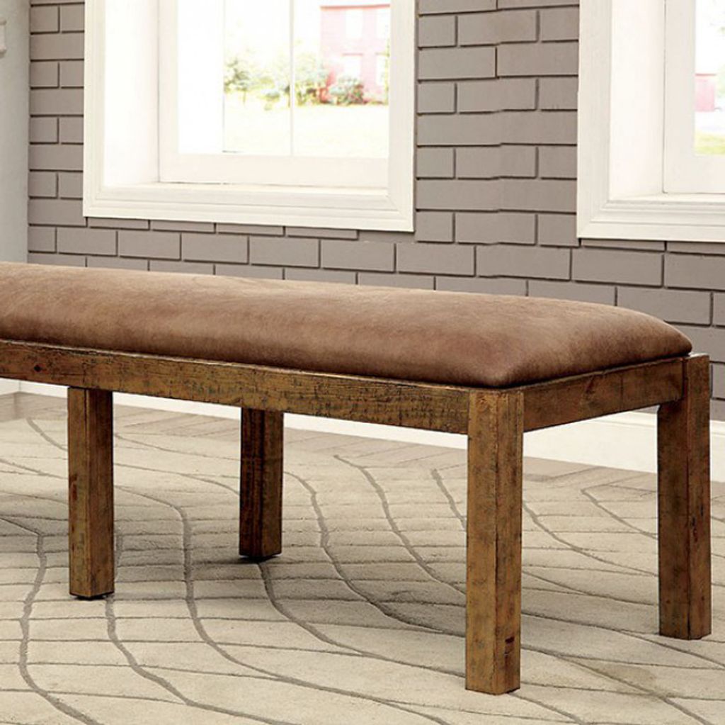 Rectangular Bench with Leatherette Padded Seat and Block Legs, Rustic Brown - View 3