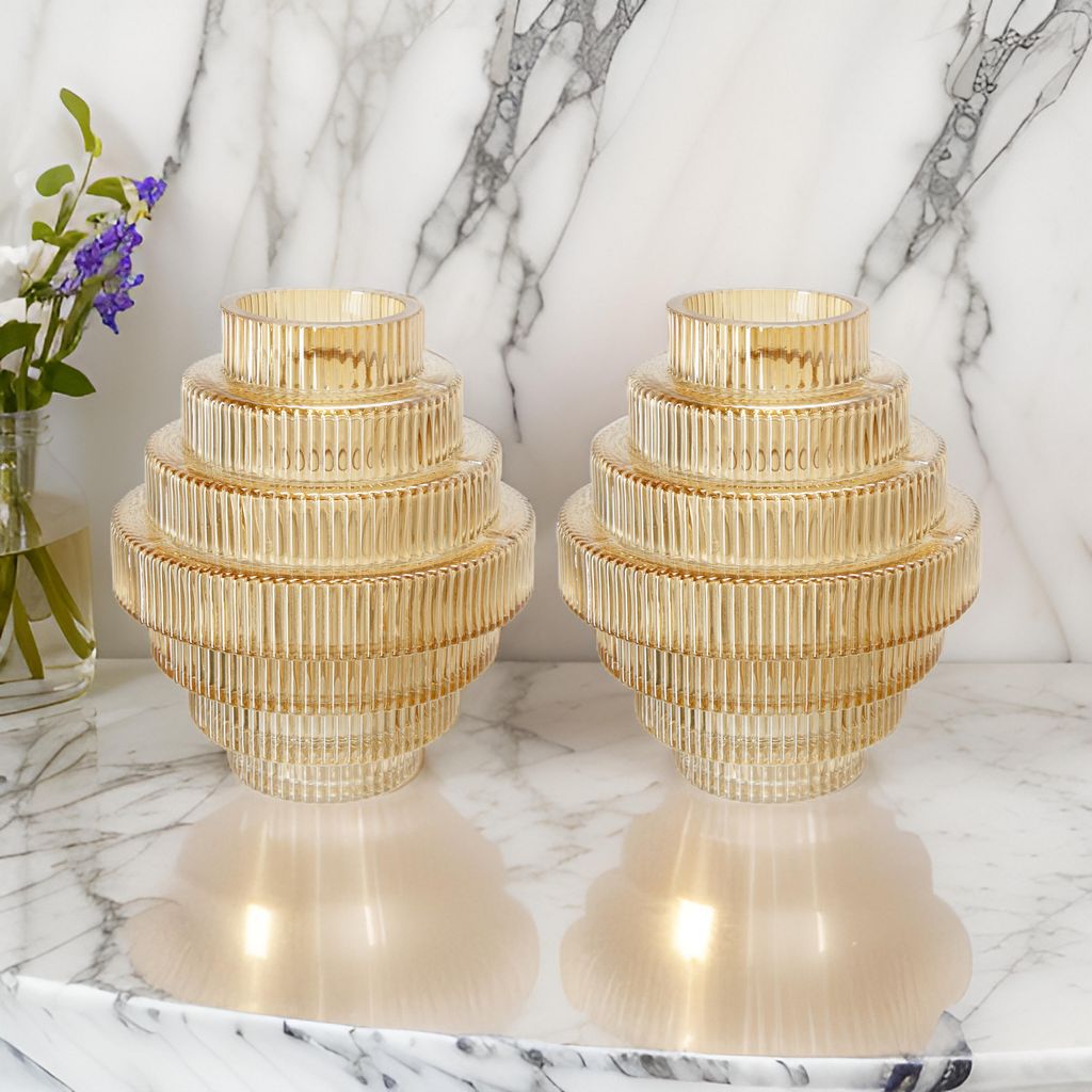 Rae Set of 2 Glass Vases, Geometric Round, Amber Yellow and Clear Finish - View 7