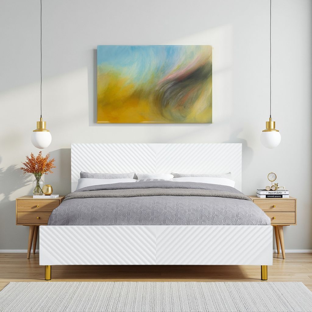 Tyra Modern Wood King Bed, Panel Headboard, Textured Chevron, White, Gold - View 7