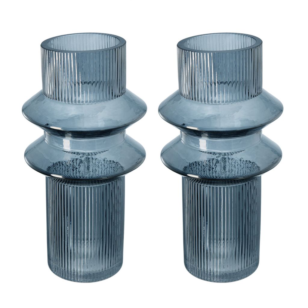 Rae Set of 2 Glass Vases, Tall Round Cylinders, Smokey Blue, Clear Finish