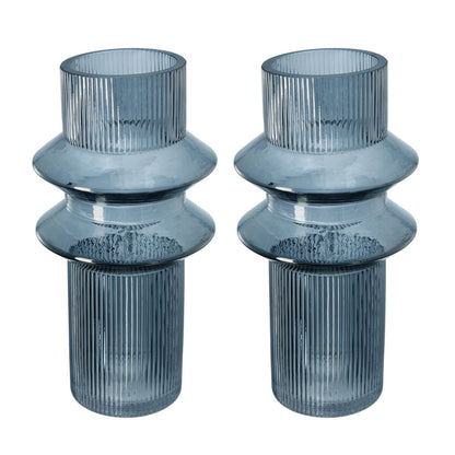 Rae Set of 2 Glass Vases, Tall Round Cylinders, Smokey Blue, Clear Finish