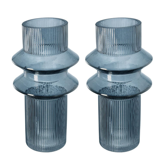 Rae Set of 2 Glass Vases, Tall Round Cylinders, Smokey Blue, Clear Finish