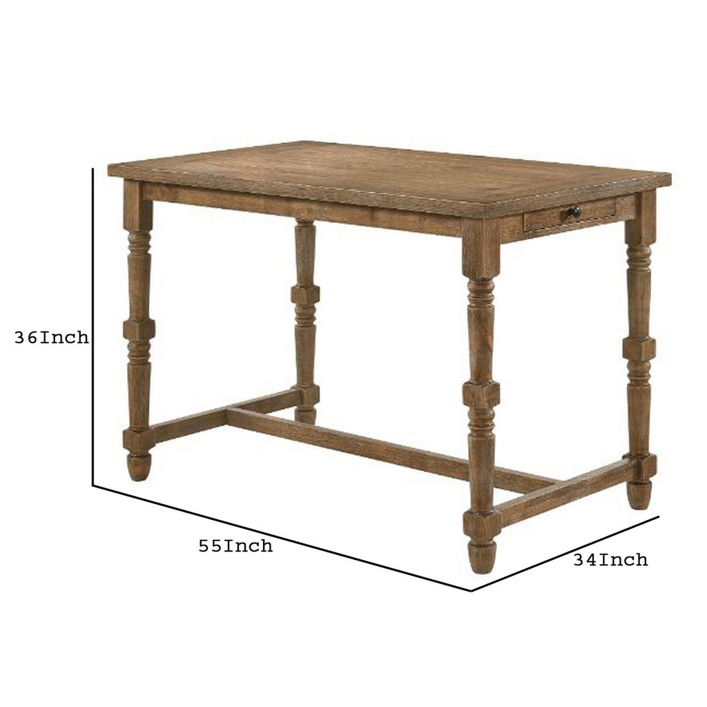 Counter Height Table with 1 Side Drawer and Turned Legs, Brown - View 6