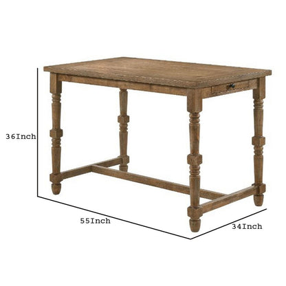 Counter Height Table with 1 Side Drawer and Turned Legs, Brown - View 6