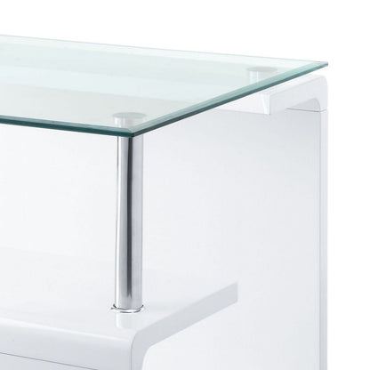 24 Inch Square Accent End Table, Glass Top, Open Shelf, White, Chrome - View 3