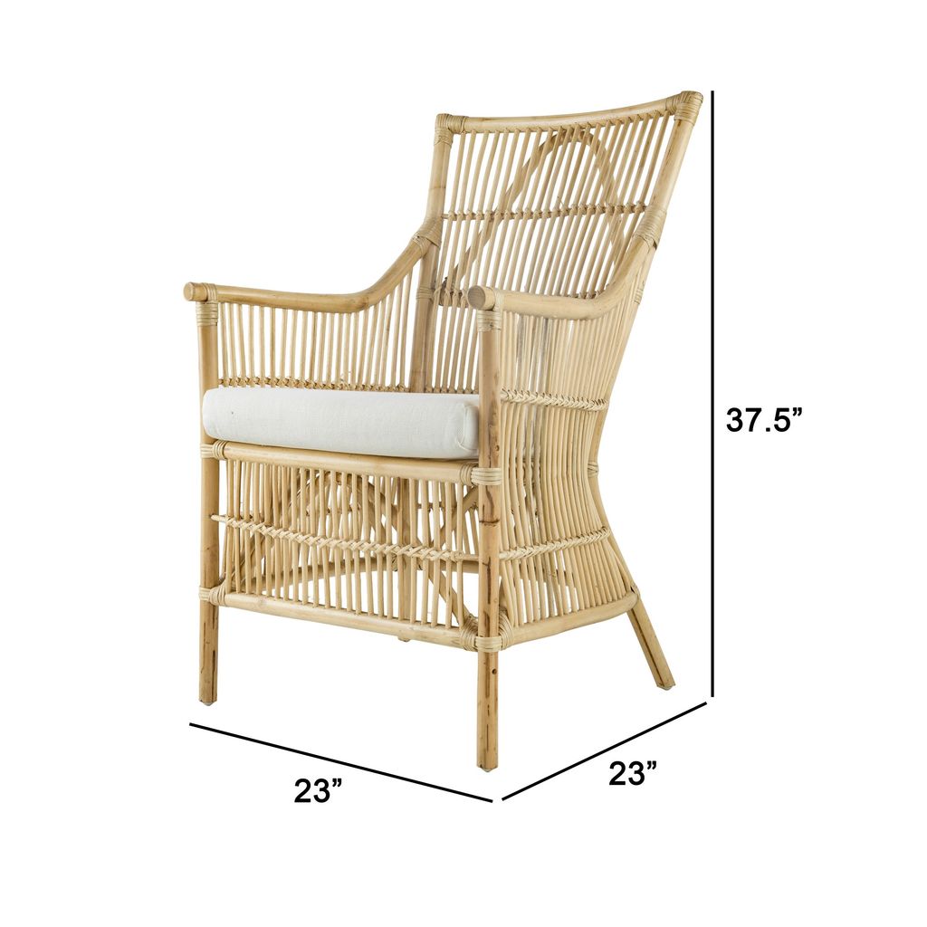 23 Inch Rattan Dining Armchair, White Fabric Padded Seat, Natural Brown - View 6