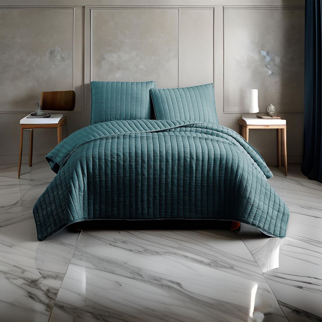 3 Piece Crinkle Queen Coverlet Set with Vertical Stitching, Turquoise Blue - View 7