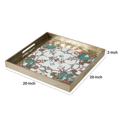 Miki 20 Inch Square Decorative Tray, Artisan Mirrored Damask Pattern, Gold - View 5