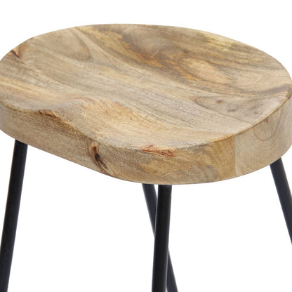 Ela 24 Inch Mango Wood Industrial Counter Height Stool, Saddle Seat, Iron, Set of 2, Brown, Black - View 4