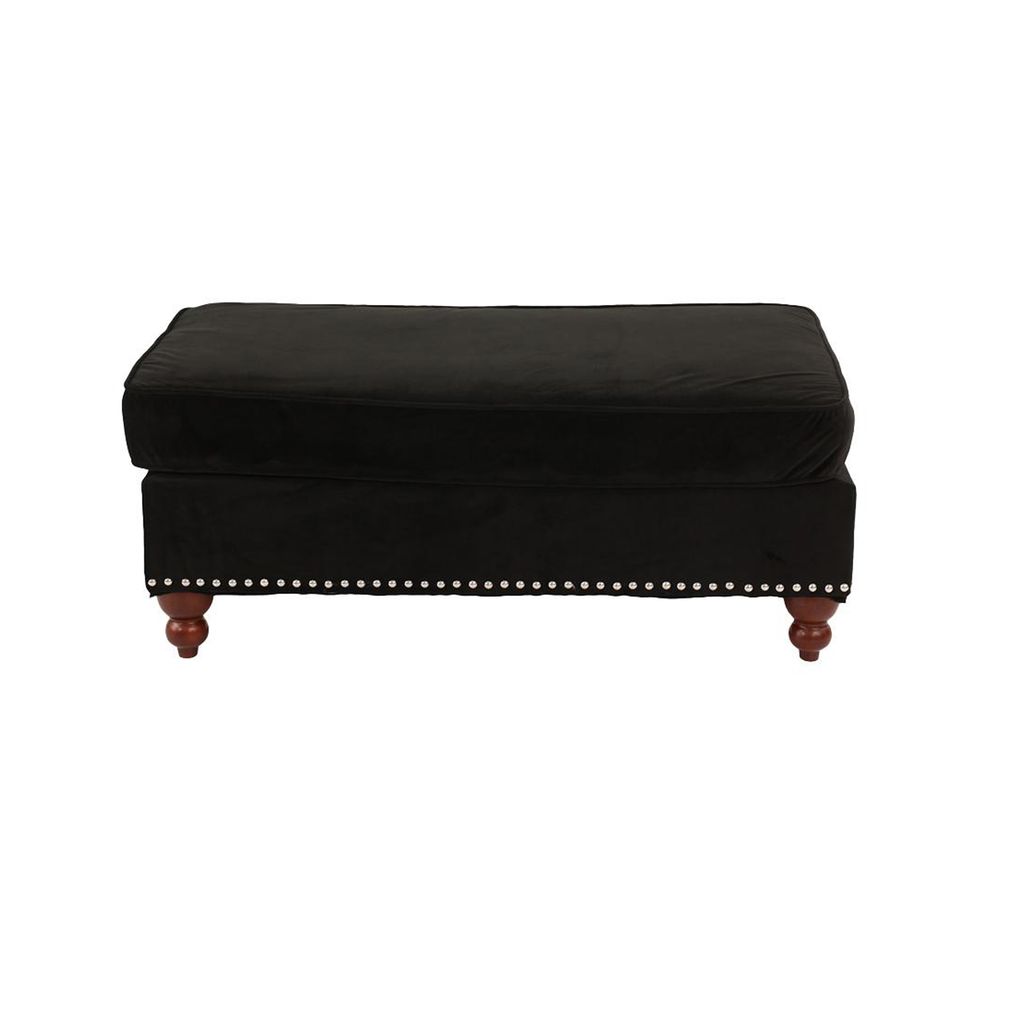 Fabric Ottoman with Nailhead Trim and Turned Feet, Black