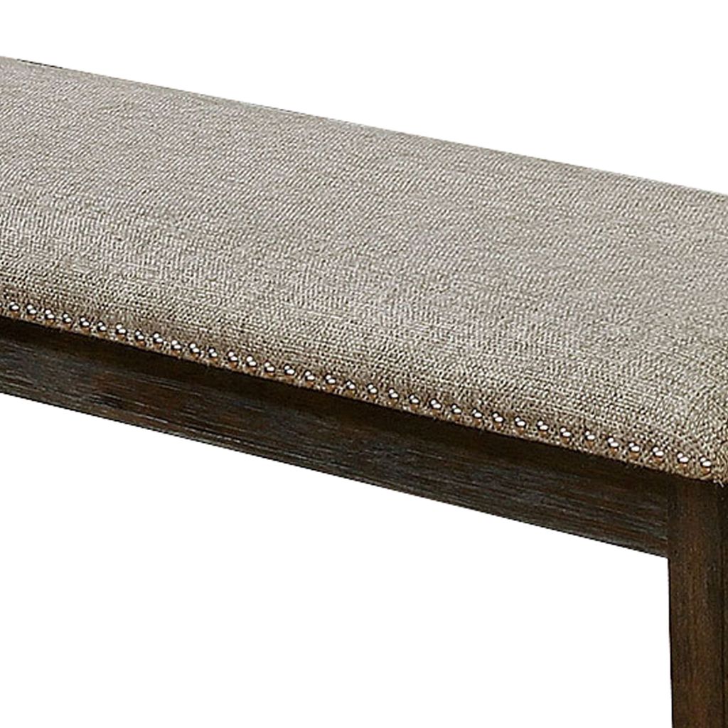 Fabric Upholstered Bench with Nailhead Trim and Tapered Legs, Gray and Espresso - View 4