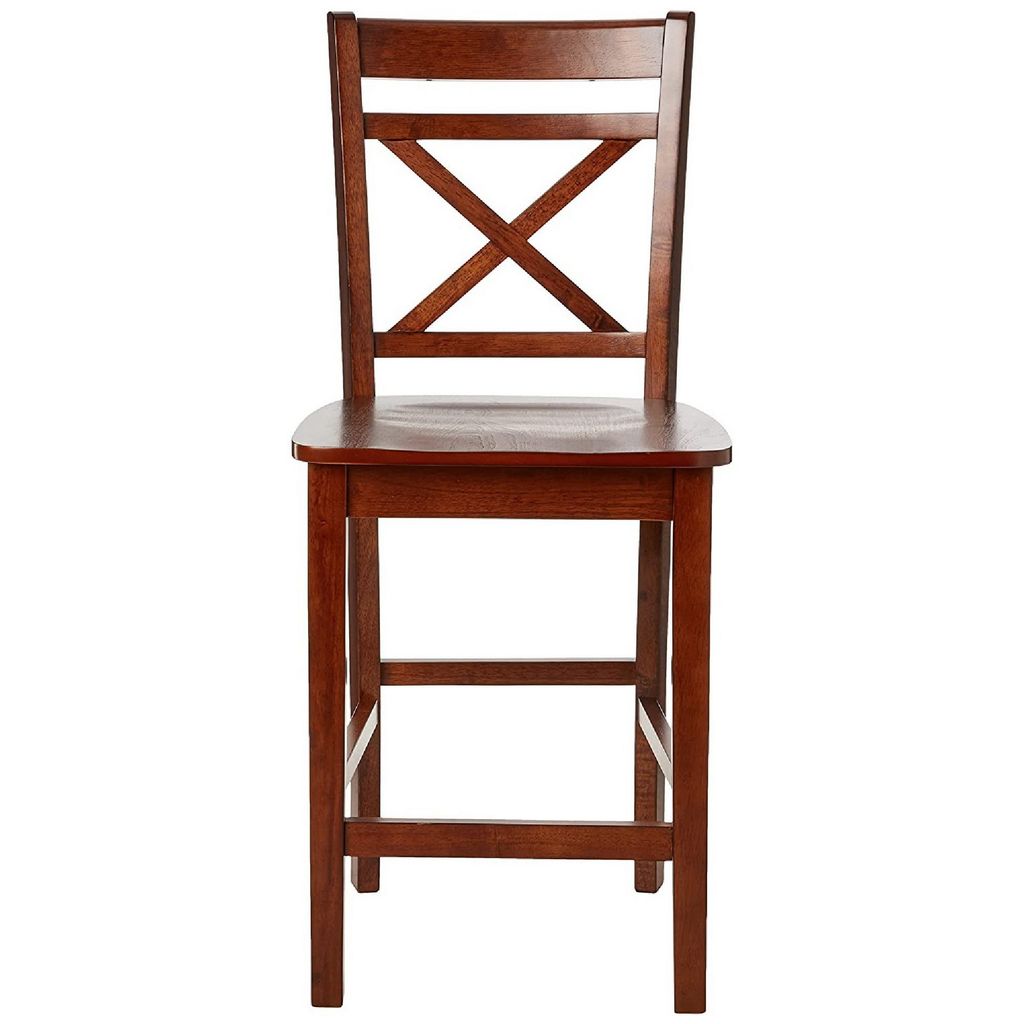Wooden Counter Height Chair with Cross Back, Set of 2, Cherry Brown - View 3